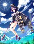  :d black_dress breasts cloud cloudy_sky day diffraction_spikes dress highres kantai_collection lance large_breasts ocean open_mouth partially_underwater_shot polearm purple_hair ryuuzouji_usagi short_dress sky smile solo standing standing_on_liquid sun sunlight tatsuta_(kantai_collection) water water_drop weapon 