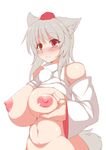  animal_ears areolae bare_shoulders blush breast_lift breasts detached_sleeves hat highres huge_breasts inubashiri_momiji large_areolae looking_at_viewer navel nipples puffy_nipples red_eyes self_fondle short_hair silver_hair smile solo tail takayuki_hiyori tokin_hat touhou upper_body white_background wolf_ears wolf_tail 