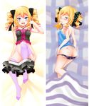  1girl ass banana blonde_hair butt_crack censored dairenji_suzuka dakimakura drill_hair food fruit heart panties tattoo tokyo_ravens twin_drills underwear undressing wink 