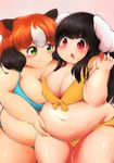  :o absurdres animal_ears bad_id bad_pixiv_id belly_grab bikini black_hair blush breasts bunny_ears cat_ears commentary_request fat fat_folds front-tie_bikini front-tie_top green_eyes highres hiiko_(munimuni_kinoko) large_breasts long_hair multicolored_hair multiple_girls munimuni_kinoko original puuchi_(munimuni_kinoko) red_eyes short_hair smile streaked_hair surprised swimsuit weight_conscious 