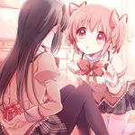  ? akemi_homura birthday black_hair black_hairband blush bow box ear_blush embarrassed gift gift_box hair_ribbon hairband kaname_madoka long_hair mahou_shoujo_madoka_magica multiple_girls pantyhose pink_eyes pink_hair ribbon school_uniform short_hair short_twintails skirt sweat twintails yamada_ako 