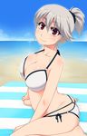  absurdres alternate_hairstyle beach bikini blanket blue_sky breasts cleavage collarbone commentary_request day hayashi_custom highres izayoi_sakuya large_breasts looking_at_viewer multi-strapped_bikini ocean outdoors ponytail red_eyes revision scrunchie short_hair silver_hair sitting sky smile solo swimsuit touhou wariza white_bikini 