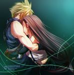  1boy 1girl black_hair blonde_hair cloud_strife couple dark_background final_fantasy final_fantasy_vii hug ilabarattolo midriff suspenders tifa_lockhart 