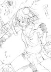  cannon clenched_hand commentary_request greyscale grin hair_ornament hat highres kantai_collection maya_(kantai_collection) midriff mini_hat miniskirt monochrome niwatazumi punching remodel_(kantai_collection) sketch skirt smile 