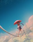  1girl above_clouds barefoot bird blue_sky brown_hair cloud commentary_request foreshortening from_behind highres holding holding_umbrella medium_hair necktie original pleated_skirt power_lines purple_skirt red_umbrella rope_walking school_uniform short_sleeves skirt sky solo star_(sky) starry_sky telephone_pole umbrella walking wataboku 