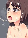  after_fellatio blush body_blush brown_eyes brown_hair commentary_request cum cum_in_mouth cum_on_glasses cum_on_hair cum_string d: glasses hayashi_custom heavy_breathing highres open_mouth short_hair solo tongue trembling 