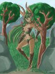  2015 anthro barefoot breasts brown_fur cervine clothed clothing cloud deer female fur grass green_eyes green_hair hair hi_res horn mammal mountain navel outside plant raised_leg raptor007 skimpy sky smile solo spots tree vines 