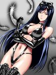  blue_eyes blue_hair bondage_outfit bow breasts collar dominatrix elbow_gloves feathers gloves hair_bow kurihara_mari_(prison_school) large_breasts long_hair looking_at_viewer navel prison_school sen_(sansui) shiny shiny_clothes solo thighhighs whip 