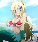  1girl bare_shoulders bikini_top blonde_hair blue_eyes blush breasts cleavage cloud female fuji-san large_breasts long_hair mermaid monster_girl namiuchigiwa_no_muromi-san navel screencap sitting smile solo stitched 