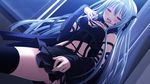  black_legwear blue_hair blush collar detached_sleeves dutch_angle game_cg highres long_hair makita_maki open_mouth pleated_skirt shinigami_no_testament skirt solo two_side_up vivi_alhazerd 