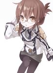  bespectacled blazer brown_eyes brown_hair cosplay epaulettes folded_ponytail glasses gloves inazuma_(kantai_collection) jacket kantai_collection katori_(kantai_collection) katori_(kantai_collection)_(cosplay) long_hair necktie orqz pantyhose riding_crop skirt solo uniform 