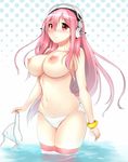 bikini bikini_top_removed blush breasts commentary_request headphones highres large_breasts long_hair looking_at_viewer navel nipples nitroplus pink_eyes pink_hair smile solo striped striped_legwear super_sonico swimsuit thighhighs thighs topless wading yuna_(spn28u79) 