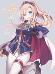  blonde_hair blue_eyes breasts cape character_request epaulettes gloves grey_background hijiri_(resetter) long_hair medium_breasts merc_storia military military_uniform pants ponytail simple_background smile solo sparkle thigh_strap uniform 