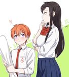  1girl bad_id bad_pixiv_id black_hair blush bow brown_eyes gekkan_shoujo_nozaki-kun genderswap genderswap_(ftm) genderswap_(mtf) heart height_difference mery_(apfl0515) necktie nozaki_umetarou orange_hair pleated_skirt purple_eyes rouman_academy_uniform sakura_chiyo school_uniform skirt 