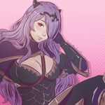  armor black_armor blush breasts camilla_(fire_emblem_if) chromatic_aberration cleavage fire_emblem fire_emblem_if gloves hair_over_one_eye hairband koyorin large_breasts lips long_hair purple_eyes purple_hair solo 