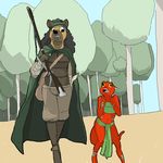  anthro bear cape clothed clothing derp duo female gun horn kobold loincloth mammal outside ranged_weapon reptile rml scalie standing tree tugma weapon 