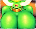 big_breasts boob_shot breasts cleavage clothed clothing female flora_fauna green_skin hair huge_breasts licking licking_lips lipstick nintendo open_mouth plant pok&eacute;mon roserade sirredbenjamin solo tongue tongue_out video_games white_hair yellow_lips 