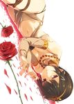  arabian_clothes bad_id bad_pixiv_id bracelet breast_squeeze breasts bridal_gauntlets brown_hair choker cleavage dancer dutch_angle expressionless flower hair_ornament highres jewelry jitome kinta_(distortion) looking_at_viewer lying midriff necklace o-ring on_side original petals red_eyes rose rose_petals short_hair small_breasts solo upside-down 