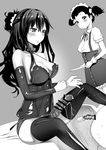  2girls aftersex anal_beads ass bar_censor breasts censored choker cleavage femdom long_hair maid_cap maid_headdress monochrome multiple_girls penis plate shida_(ddfd) simple_background strap-on thighhighs 