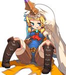  :d black_footwear blonde_hair blue_eyes blue_leotard blush boots braid bridal_veil brown_gloves cravat filasopila gloves granblue_fantasy harvin horn leotard long_hair miranko open_mouth simple_background smile solo twin_braids veil white_background 