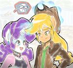  2015 anthro anthrofied applejack_(mlp) blonde_hair blue_eyes cowboy_hat equine friendship_is_magic glowing green_eyes hair hat horn horse magic mammal my_little_pony piercing pony purple_hair rarity_(mlp) sparkles thegreatrouge unicorn 