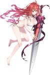  amamiya_kyouko artist_request barefoot bikini breasts floating_hair flower full_body holding huge_weapon kansen_x_shoujo large_breasts long_hair looking_at_viewer parted_lips red_eyes red_hair rose side-tie_bikini solo swimsuit sword transparent_background weapon white_bikini 
