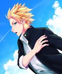  blonde_hair cloud day earrings fairy_tail green_eyes jewelry kishinaito male_focus open_mouth school_uniform sky solo sting_eucliffe 