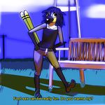  anthro avian bare_shoulders barefoot beak bench bird blue_hair blue_jay clothed clothing dialogue female hair outside rml robin_(rml) solo standing text 