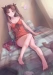  babydoll bangs bare_legs barefoot bed black_ribbon blue_eyes blush bra bra_removed brown_hair camisole dutch_angle fate/stay_night fate_(series) feet full_body hair_ribbon head_tilt highres indoors jay_xu legs long_hair long_legs looking_at_viewer md5_mismatch nightgown on_bed open_mouth paper plaid red_babydoll revision ribbon shirt_removed signature sitting skirt skirt_removed sleepwear solo strap_slip thighhighs_removed toosaka_rin triangle_mouth two_side_up underwear white_bra window 