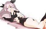  anchorage_hime ass back bad_id bad_pixiv_id bare_shoulders black_dress breasts cowboy_shot dress elbow_gloves from_side gloves hachimitsu_(hati718) kantai_collection legs_up long_hair looking_at_viewer looking_to_the_side lying medium_breasts on_stomach pink_eyes shinkaisei-kan simple_background smile solo strapless strapless_dress twitter_username very_long_hair white_background white_hair 