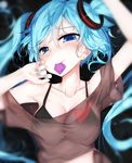  aqua_eyes aqua_hair bai_yemeng blush breasts cleavage collarbone condom condom_in_mouth condom_wrapper hatsune_miku long_hair looking_at_viewer medium_breasts mouth_hold off_shoulder revision shirt short_sleeves smile solo t-shirt twintails vocaloid 