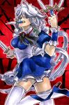  between_fingers blue_footwear izayoi_sakuya knife knife_in_mouth leg_up maid_headdress marker_(medium) nib_pen_(medium) saihougu shoes solo thighhighs touhou traditional_media white_legwear wrist_cuffs zettai_ryouiki 