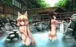  animal_ears ass back bangs bathing black_hair blonde_hair blue_eyes blunt_bangs blush breasts building copyright_request day fence fox_ears groin holding ichina_(osabakitina) long_hair looking_at_viewer looking_away multiple_girls navel nipples nude onsen original outdoors railing rock sekaiju_no_meikyuu small_breasts smile steam tile_roof towel tree very_long_hair wading water wet wooden_fence 