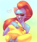  &lt;3 alphys blue_skin blush breasts clothing couple eye_patch eyes_closed eyewear female fish glasses hair hug marine monster open_mouth red_hair scales scalie sharp_teeth smile swimsuit teeth undertale undyne yellow_eyes yellow_scales zanthu-chan 