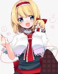  alice_margatroid ascot blue_eyes blush bow capelet doll elbow_rest hair_bow hairband open_mouth sash sewing shanghai_doll shiika_yuno touhou 