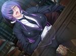  1boy 1girl black_lilith blush book breasts butler censored chair clothed_sex cum cum_in_pussy erect_nipples eyepatch female formal game_cg gloves hetero kagami_hirotaka large_breasts long_hair necktie onmyou_kishi_towako open_mouth orgasm penis purple_hair saliva sex shiki_reika sitting sitting_on_person suit sweat table through_clothes vaginal yellow_eyes 