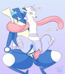  blue_background blush eye_contact gradient_background greninja holding long_tongue mienshao nintendo on_top open_mouth pcred566 penis pink_penis pok&eacute;mon pussy reverse_cowgirl_position sex simple_background smile tongue video_games 