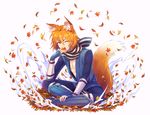  animal_ears fire_emblem fire_emblem_if fox_boy fox_ears fox_tail gloves leaf male_focus nishiki_(fire_emblem_if) one_eye_closed orange_hair rusuban simple_background solo tail white_background 