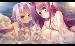  2girls ass blue_eyes blush breast_press breasts bubble censored dark_skin erection game_cg handjob hetero hikage_eiji katagiri_hinata koihime_musou long_hair lying mosaic_censoring multiple_girls multiple_handjob nipples nude on_stomach onsen outdoors penis pink_hair red_hair ryuubi smile soap sonken 