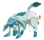  2015 ambiguous_gender blush canine cyan_fur diaper eeveelution enon feral fur glaceon gloves_(marking) head_down japanese_text mammal markings nintendo paws pok&eacute;mon shaking simple_background socks_(marking) solo standing teal_eyes teal_fur text video_games 