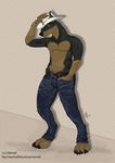  2015 4_toes anthro barefoot black_fur blue_eyes brown_fur canine claws clothed clothing cowboy cowboy_hat doberman dog fur half-dressed hat jeans khaos lantz mammal multicolored_fur nienna87 scar sharp_claws solo standing toe_claws toes topless two_tone_fur 