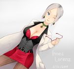  1girl belt breasts cleavage coat earrings glasses grey_hair innes_lorenz jewelry one_eye_closed pantyhose short_hair skirt smile tales_of_(series) tales_of_hearts wink 