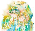  1girl arima_kousei blazer cellphone food glasses jacket long_hair miyazono_kawori phone sandwich shigatsu_wa_kimi_no_uso smile taking_picture traditional_media watercolor_(medium) yamashiro_(heisi-chan) 