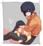  black_hair blonde_hair blue_eyes blush eyes_visible_through_hair fingerless_gloves ghost_in_the_shell gloves hair_over_one_eye heart jacket katsuoboshi kusanagi_motoko looking_at_another multiple_girls nude orange_jacket project_2501 short_hair sleeping yuri 