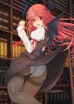  1girl arm_ribbon ass black_legwear bookshelf demon_girl demon_wings greek gusset head_wings hexagram highres juliet_sleeves koakuma ladder library long_hair long_sleeves looking_at_viewer looking_back open_mouth panties panties_under_pantyhose pantyhose pantyshot pantyshot_(standing) puffy_sleeves red_hair revision ribbon shirt skirt skirt_lift skirt_set solo standing thighband_pantyhose touhou underwear upskirt very_long_hair vest white_panties wings 