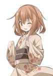  blush brown_eyes brown_hair commentary_request fang fujishima_shinnosuke hair_ornament hairclip ikazuchi_(kantai_collection) japanese_clothes kantai_collection kimono looking_at_viewer obi one_eye_closed open_mouth sash short_hair simple_background smile solo white_background yukata 
