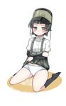  arare_(kantai_collection) arm_warmers black_hair brown_eyes dress_shirt hat highres kantai_collection mitsudoue panties pleated_skirt polka_dot polka_dot_panties school_uniform shirt short_hair sitting skirt skirt_lift solo suspenders tears underwear white_panties 