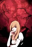  2boys bad_id bad_pixiv_id black_eyes blonde_hair glasses hair_over_one_eye hat higurashi_no_naku_koro_ni irie_kyousuke light_smile long_hair looking_at_viewer lowres monochrome multiple_boys ooyama_(hnk1018) red_background serious shaded_face short_hair takano_miyo tomitake_jirou 