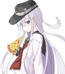  blue_eyes eating flat_cap food hat hibiki_(kantai_collection) holding_pizza jpeg_artifacts kantai_collection long_hair looking_at_viewer mochiki pizza school_uniform serafuku silver_hair solo upper_body white_background 