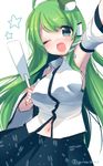  ;&lt; ;o armpits bare_shoulders bow detached_sleeves gohei green_eyes green_hair hair_bow kochiya_sanae long_hair navel one_eye_closed open_mouth shiika_yuno solo touhou twitter_username 